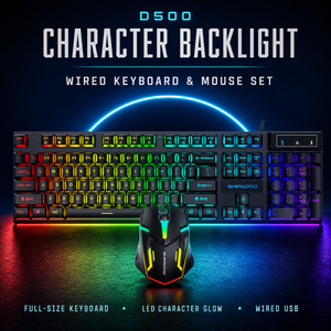 D500 Kablolu Ergonomik Oyuncu Klavye ve Mouse Seti LED Işık Efekti, 104 Tuşlu Tam Boy Askılı Tuş Başlıkları, Özelleştirilebilir Klavye - Product Image 1