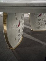 Ensemble de table à manger extensible moderne en acier inoxydable doré avec plateau en marbre et revêtement en cuir, 8 places, mobilier de luxe ovale pour la maison et l'hôtel
