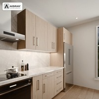 Meuble de cuisine moderne en mélamine avec portes à panneaux, aménagement en îlot, dimensions personnalisées, boîtes de rangement en contreplaqué et rangement coulissant