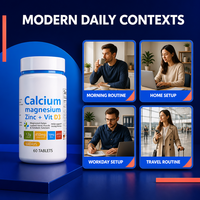 Complément Minéral Calcium Magnésium Zinc + D3 en Comprimés, Fourniture Directe Usine, Flacon de 60 Comprimés, Marque Privée, Faible MOQ, Vente en Gros
