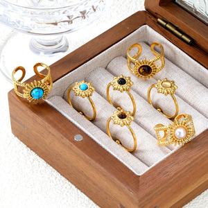 Fashion Vintage Colorful Opal Natural Stone <b>Ring</b> Sunflower 18K Gold Plated Stainless Steel Finger <b>Adjustable</b> <b>Rings</b> for Women - Product Image 1