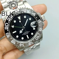 BLIGER 40mm NH34 GMT Montre Homme avec Lunette en Céramique Gris Noir Verre Saphir Vert GMT Aiguilles & Bracelet Jubilé