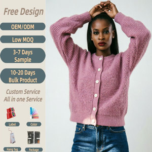 Cardigan en <span class=keywords><strong>tricot</strong></span> côtelé diagonale personnalisé OEM pour femme, avec boutons en perles, manches bouffantes oversize et coupe courte - Product Image 1
