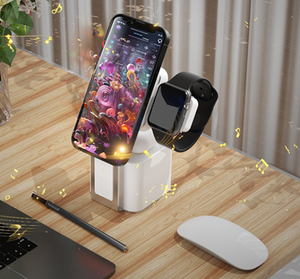 แท่น<span class=keywords><strong>ชาร์จ</strong></span>ไร้สายแม่เหล็กแบบ 4-in-1 ขายดี พร้อมระบบชาร์จเร็ว (15W) ฟังก์ชั่นเสียงออก และที่วางสำหรับโทรศัพท์ นาฬิกา หูฟัง - Product Image 3