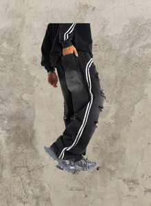 Street Style Men Vintage Heavy Distress Wash Black Baggy Jeans Side Striped 100% Cotton Jeans para hombres Stripe Jeans - Product Image 3