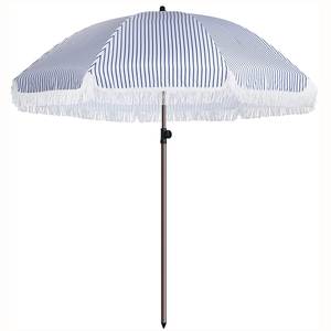 Paraguas con borlas de aluminio para Patio, sombrilla de playa a rayas azules UPF50 + con fondo de empuje, inclinación de aluminio, 7,5 pies
