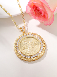 Joyería Religiosa Mexicana, Collar con Colgante de Moneda de 50 Pesos de la Diosa Libertad, Collar con Colgante de Moneda Chapado en Oro de 18K con Circonita - Product Image 3