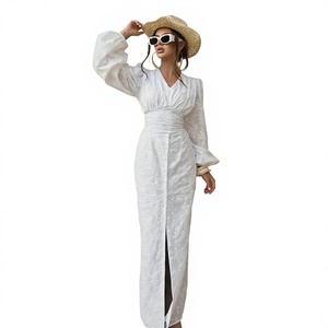 White Boho Maxi <b>Dress</b> V-Neck Lantern Sleeve Solid Color Ruched Waist Slit Loose Fit Breathable <b>Linen</b> Cotton <b>Summer</b> Casual <b>Dress</b> - Product Image 3