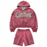 Ensemble survêtement homme vintage streetwear avec sweat à capuche zippé et short, imprimé sérigraphié, effet vieilli, délavé à l'acide, en molleton bouclette tricoté 350 GSM, grammage lourd