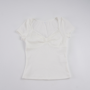 Women Lace Patchwork Ribbed Knit <b>Top</b> Sexy Slim Fit Short Sleeve Square Neck Tee Y2K Ruched Bust <b>Crop</b> T Shirt - Product Image 6