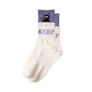 Women's Cotton Cute Black <b>cat</b> Pattern Grip Pilates Compression Crew <b>Socks</b> Anti-Slip Crew Block Color <b>Socks</b> - Product Image 6