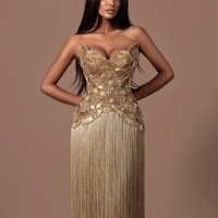 Lsz336 Magnifique Robe de Soirée Colonne à Décolleté Cœur, Broderie de Perles et Franges Métalliques Dorées, pour Tapis Rouge Jancember