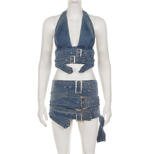 Conjunto de Top Halter y Minifalda de Mezclilla Vintage Y2K con Detalles Metálicos, Corte Ajustado, Dos Piezas para Mujer - Product Image 6