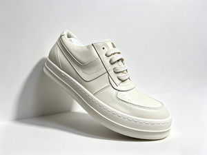 White Black Genuine <b>Leather</b> Court <b>Sneakers</b> Lace-up Round Toe Breathable Rubber Outsole All Seasons Style - Product Image 2