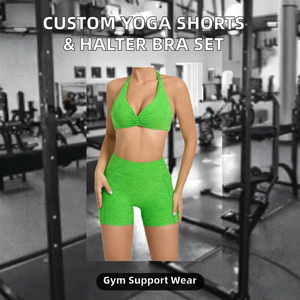 Conjuntos de shorts de yoga de marca personalizada, top halter con espalda en V y shorts con cintura elástica, ropa deportiva para mujer, elástica y de soporte para gimnasio. - Product Image 2