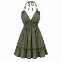 Robe d'été sexy pour femme, col en V profond, sans manches, à volants, style lanterne, en polyester, mi-longue, pour la plage, style européen et américain