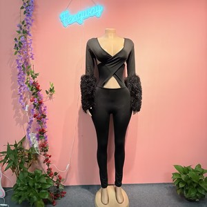 Combinaison longue en <span class=keywords><strong>velours</strong></span> sexy pour femmes, manches transparentes, body moulant, tenue de soirée, <span class=keywords><strong>pantalon</strong></span> de soirée - Product Image 3