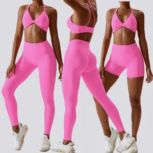 Benutzer definiertes Logo Frauen Fitness Sport Gym Active wear Wear Workout 2 3-teilige Sets BH und Leggings Kurze Yoga-Sets