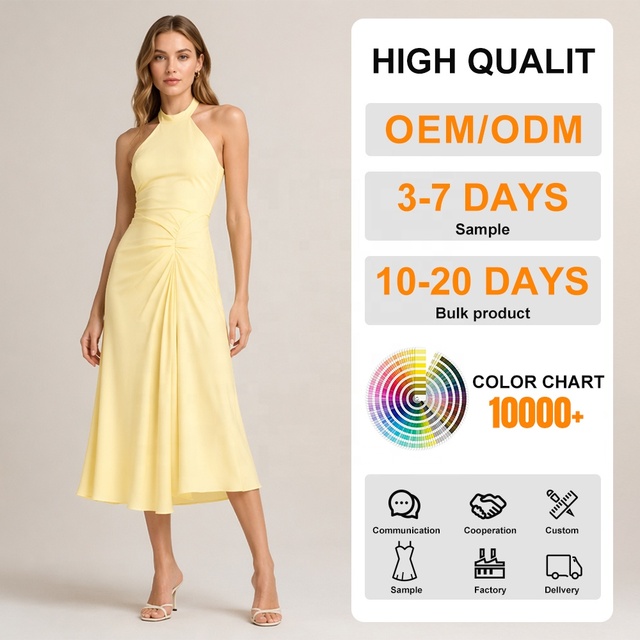 Brand Customization Women's Halter Dress Design Yellow Sleeveless Vacation a Line Midi Dress