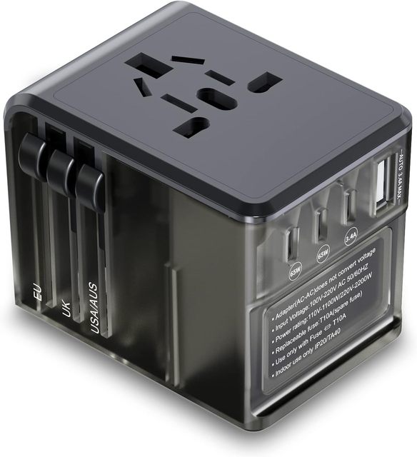 Worldwide 65W GaN Fast Wall Charger 2 Type C 1 USB Universal Travel Adapter Plug Transparent for UK Japan -Includes UK Japan