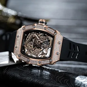OBLVLO Mens Tonneau dragón chino relojes automáticos oro rosa diamantes analógico impermeable reloj mecánico para hombres