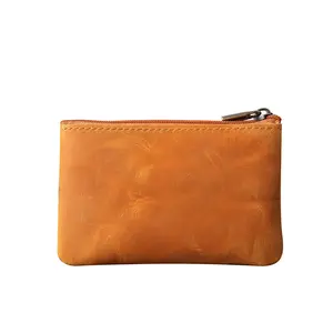 Carteira de couro de cavalo com zíper, bolsa de couro genuíno unissex elegante, bolsa de mão vintage pequena com desenho minimalista