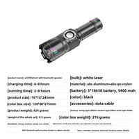 Lampe torche rechargeable haute puissance en alliage d'aluminium avec zoom télescopique de 2000 lumens et haut-parleur intégré, longue durée de vie, indice de protection IP20