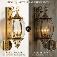 Lanterne murale extérieure en laiton massif, bras doré poli, 3 ampoules E14, verre trempé, lumière de porche de villa de style rétro