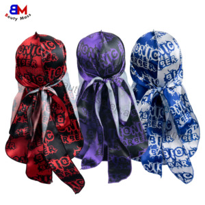 Meilleures ventes Bandana en satin <span class=keywords><strong>Durag</strong></span> extra long à nouer personnalisé Wraps de tête ondulée Durags soyeux avec logo imprimé pour hommes - Product Image 2