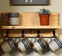 Support mural double couche en bois massif fait main pour tasses à café avec étagère – Organisateur de cuisine
