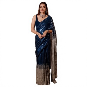 Sari indio elegante de georgette azul con bordado de encaje, estilo tradicional étnico de Bollywood para mujer. - Product Image 1