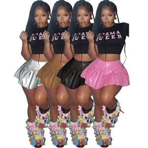 A Line Ladies Fashion Trendy <strong>Skirt</strong> Latest Sexy Solid <strong>Pink</strong> Color PU Leather <strong>Pleated</strong> Mini Womens <strong>Skirts</strong> - Product Image 1