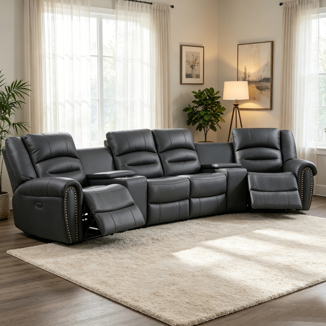 Luxury Genuine Leather Contemporary Cinema Recliner Sofa Set Electric Sectional Home Movie Theater Furniture