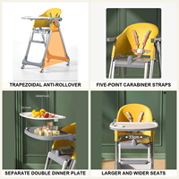 Chaise haute pour bébé, trapézoïdale, anti-retournement, ceinture de sécurité à 5 points, double assiette séparée, siège large, 4 roues, pour l'alimentation des tout-petits