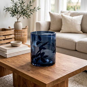 Vase Rond Moderne en Verre Indigo Écologique avec Motif Feuille, Porte-Bougie Décoratif et Accessoire de Vaisselle pour Salon et Décoration Intérieure - Product Image 1