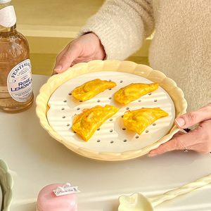 <b>Ceramic</b> Flower Shaped Dumpling Plate Oil Draining Fruit Plate Multifunctional Steamer Double Layer Baking <b>Pan</b> Steam Sheet Oil - Product Image 4