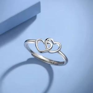 S925 <b>Sterling</b> <b>Silver</b> <b>Adjustable</b> Heart-to-Heart <b>Ring</b> Fine Plain Jewelry for Wedding and Party IGI Certified <b>Silver</b> Plated - Product Image 2