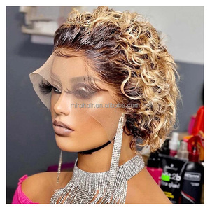 Vente en gros perruque de cheveux humains Remy coupe Pixie <span class=keywords><strong>13x1</strong></span> dentelle avant cheveux humains brésiliens bouclés perruques dentelle transparente noir naturel - Product Image 1