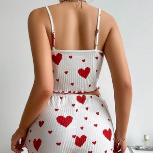 Pigiama da Donna Completo Nuovo in Maglia Stile Dolce Europeo Americano 2026 con Stampa a Cuori a Costine e Vita Elastica Primaverile - Product Image 4