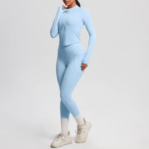 ชุดโยคะสำหรับผู้หญิง เสื้อแขนยาวแห้งเร็วแบบมีซิปขายส่ง พร้อมกางเกงเลกกิ้งออกกำลังกายมีกระเป๋า - Product Image 6