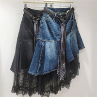 Nouvelle collection automne 2026 – Jupe sirène en jean bleu pour femme, avec panneau en dentelle, asymétrique, coupe haute-basse, irrégulière, avec ceinture à nouer et volants