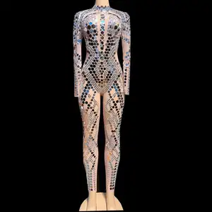 दर्पण नग्न Jumpsuit लंबी आस्तीन मेष महिला गायक नर्तकी नाइट क्लब बार जन्मदिन संगठन शो तेंदुआ नृत्य चरण पोशाक - Product Image 1