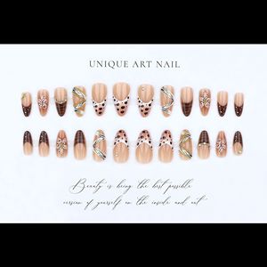 <span class=keywords><strong>Faux</strong></span> <span class=keywords><strong>ongles</strong></span> Maillard Leopard à presser, en amande, avec décorations métalliques dorées, faits à la main, réutilisables, style Y2K rétro, pour nail art - Product Image 3