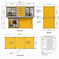 Maison en conteneur d'acier à deux étages, style cabane Apple, avec grandes fenêtres en verre jaunes, entièrement meublée, idéale pour séjour familial dans le jardin.