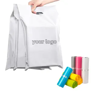 โรงงานที่กําหนดเองพิมพ์โลโก้ Eco จัดส่งจัดส่งบรรจุภัณฑ์ถุงไปรษณีย์ถุงไปรษณีย์สีขาวถุงพัสดุระดับพรีเมียมพร้อมที่จับ