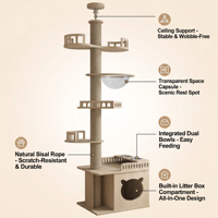 Arbre à chat moderne au sol et au plafond avec bac à litière intégré, 4 niveaux, hauteur réglable, en bois et sisal, plateforme gain de place, sans perçage, OEM