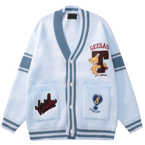 Custom Oem V Neck College Sweateer Embroidery Letter Cartoon Patches Knitted Knitwear Unisex <strong>Varsity</strong> Sweater Letterman <strong>Cardigan</strong> - Product Image 1