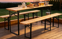 Ensemble table et banc pliants robustes de style bistrot classique en bois de sapin massif avec support métallique renforcé pour l'extérieur, la cour arrière, la terrasse, les repas en plein air