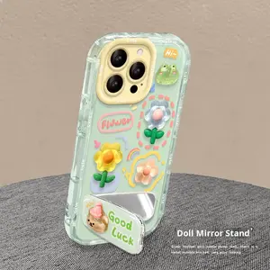 Dessin animé mignon 3D fleur Animal grenouille étui de téléphone pour iPhone 16 15 14 13 12 Pro Max pour Huawei <span class=keywords><strong>Nova</strong></span> 11 avec support de miroir de lanière - Product Image 3