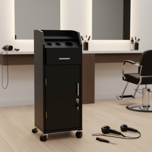 Carrello Porta Trucchi Nero Mobile per Parrucchieri 33x15x85cm con 4 Cassetti Bloccabili e 3 Supporti per Asciugacapelli Design Moderno - Product Image 2